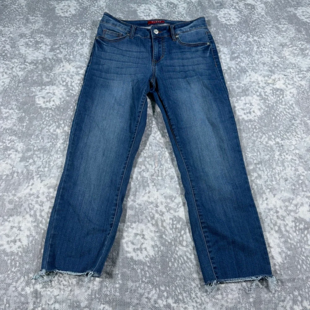 Guess Slim Jeans Women's 28 Blue Raw Hem Mid Rise Medium Wash - Picture 2 of 11
